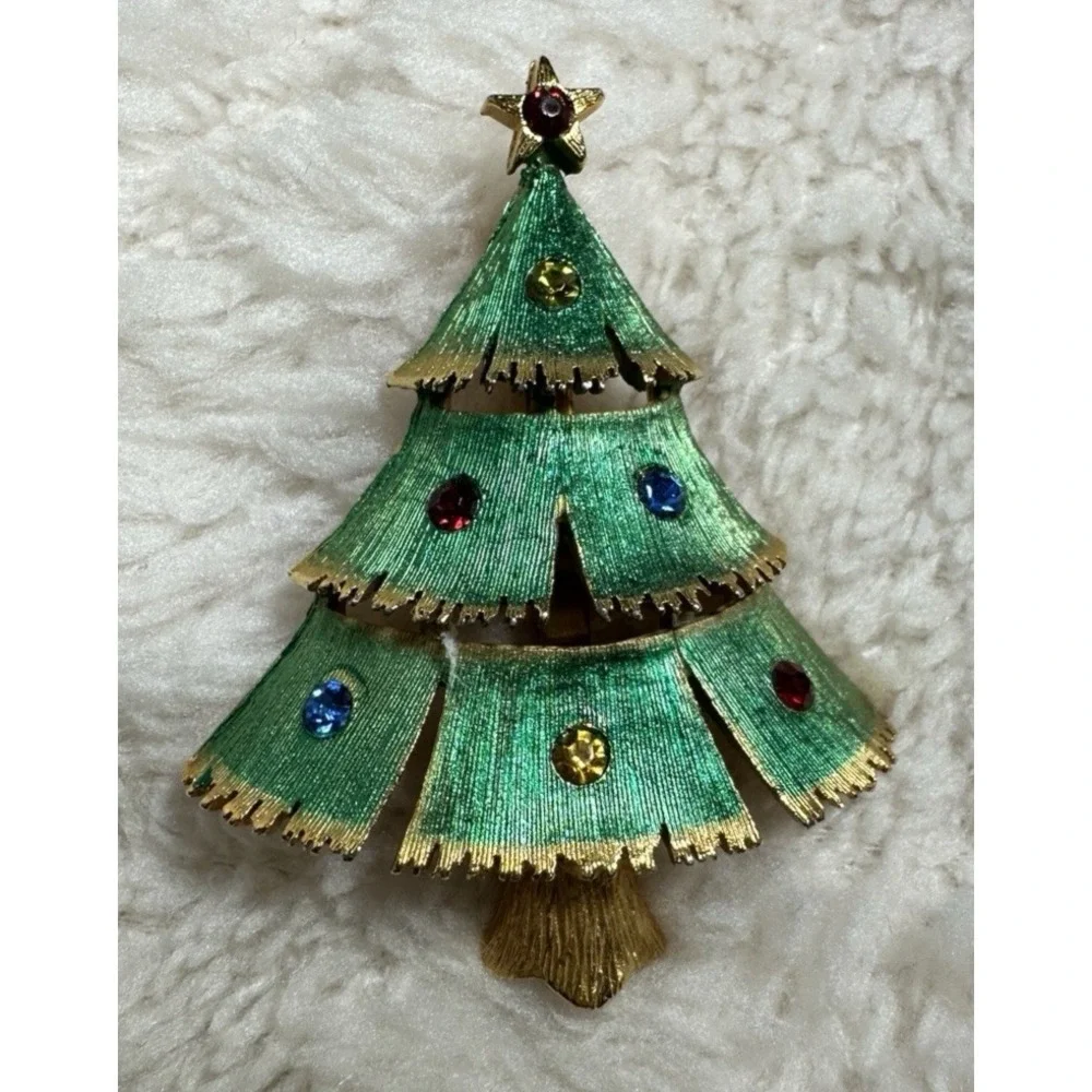 Vintage JJ Christmas Tree Brooch Green Enamel Rhinestone Book Piece Signed